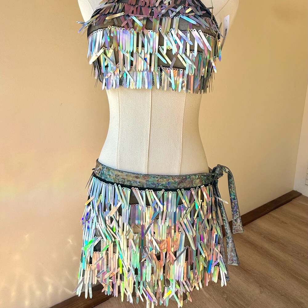 NWT Iridescent Silver Teardrop Sequin 2-Piece Rave Festival Set